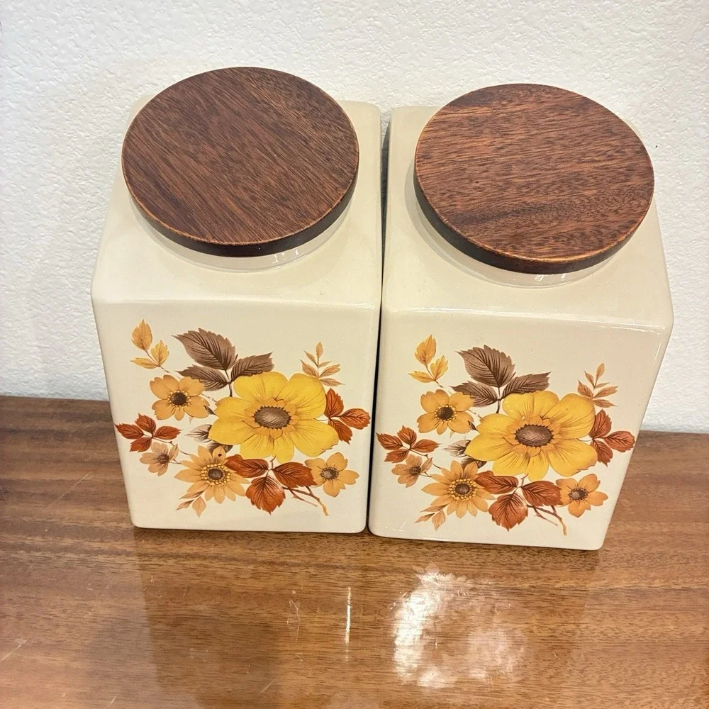Vintage Hyalyn USA Mid-Century Modern Wildflowers Canister Set of 4 Wooden Lids